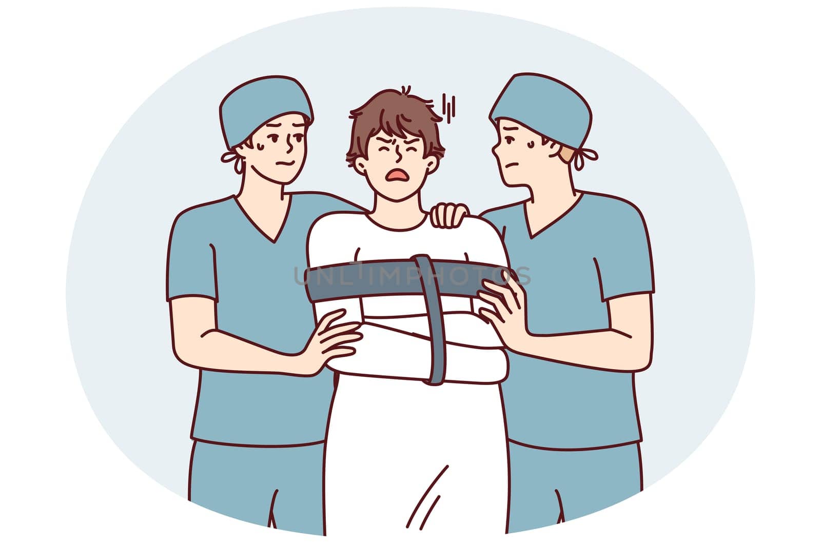 Two orderlies lead crazy man in straitjacket suffering from mental problems or schizophrenic illness. Crazy guy admitted to psychiatric hospital for treatment after seasonal exacerbation