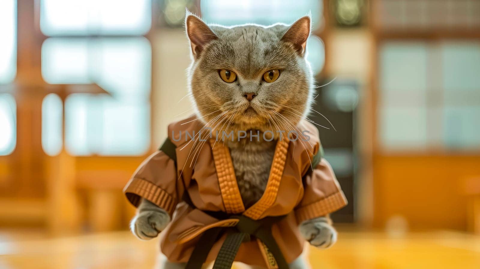 The fighter cat in a  kimono with a black belt gets ready to fight. AI generated
