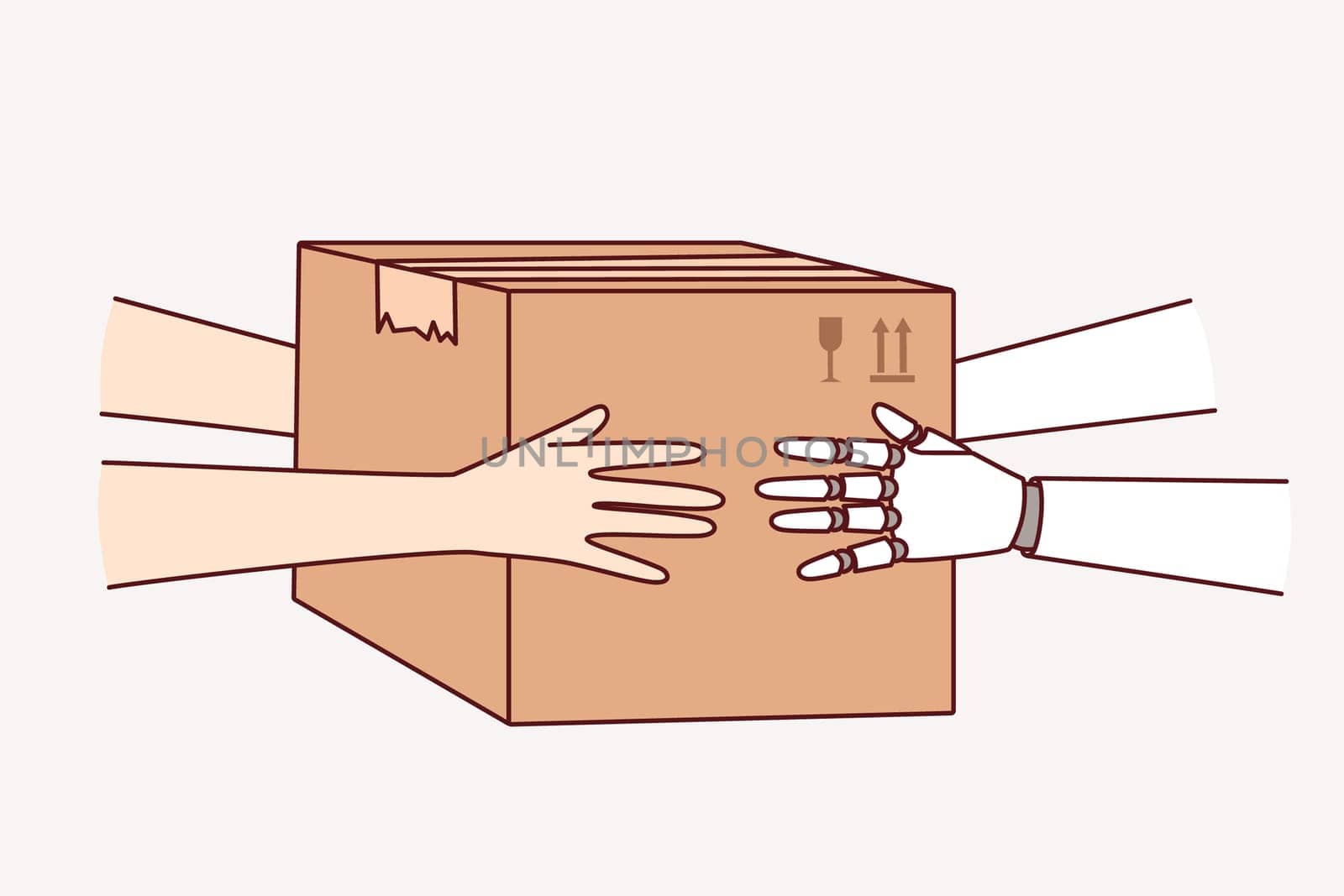 Synergy of human and robot working together in logistics and holding cardboard box with order. Robot helps people by courier delivery of parcels or servicing fulfillment center of postal company