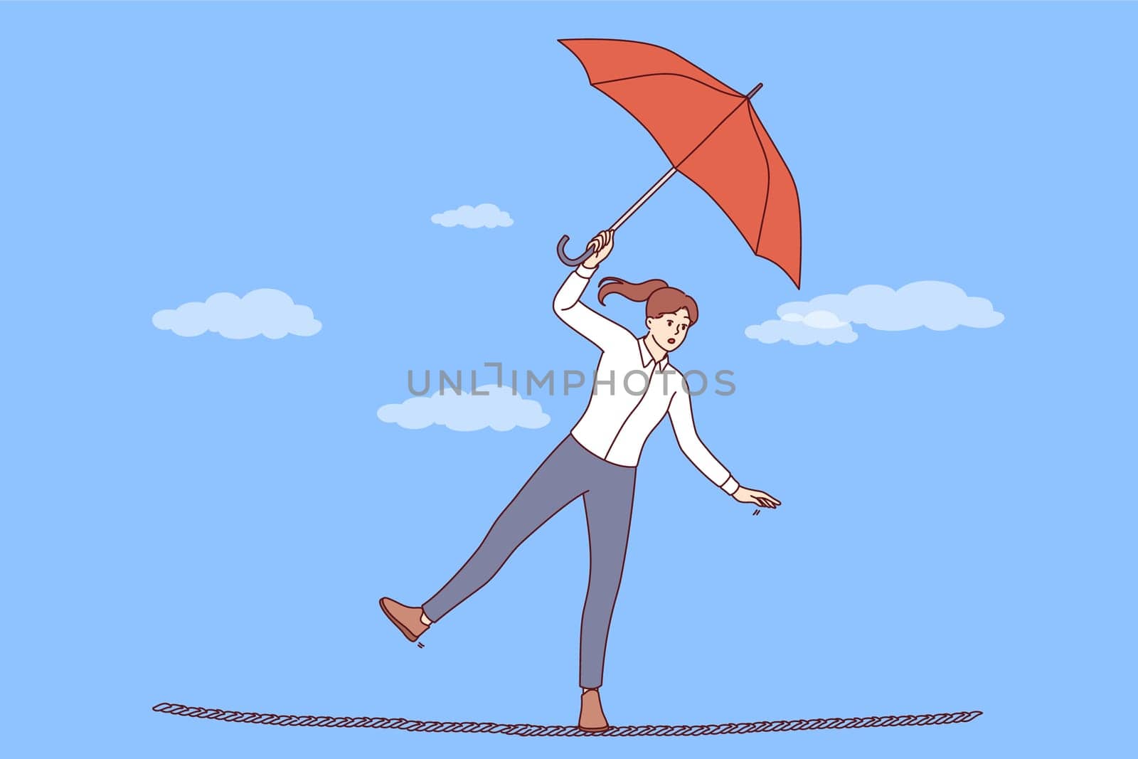 Business and career risks are experienced by woman, walking thin tightrope and balancing to achieve personal goals. Importance of balancing for office workers overcoming obstacles to success