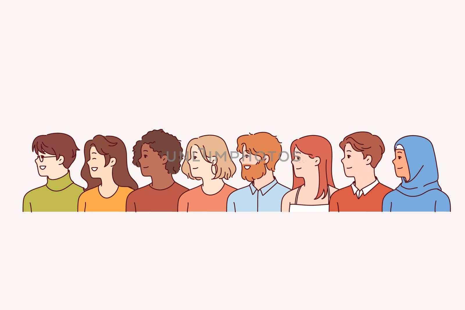 Multinational men and women of different races or religions stand in row, demonstrating unity and cohesion. Multinational guys and girls smiling, feeling proud or ready for cooperation