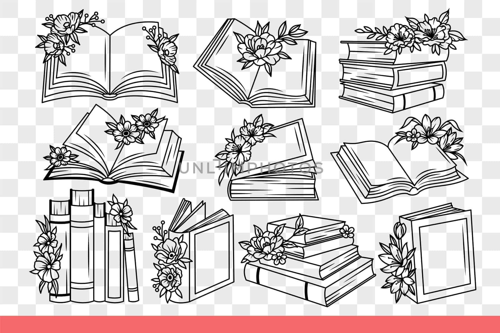 Books and textbooks from library are decorated with flowers located on pages of literature. Books for gaining knowledge and educational reading in preparation for exams. Hand drawn doodle