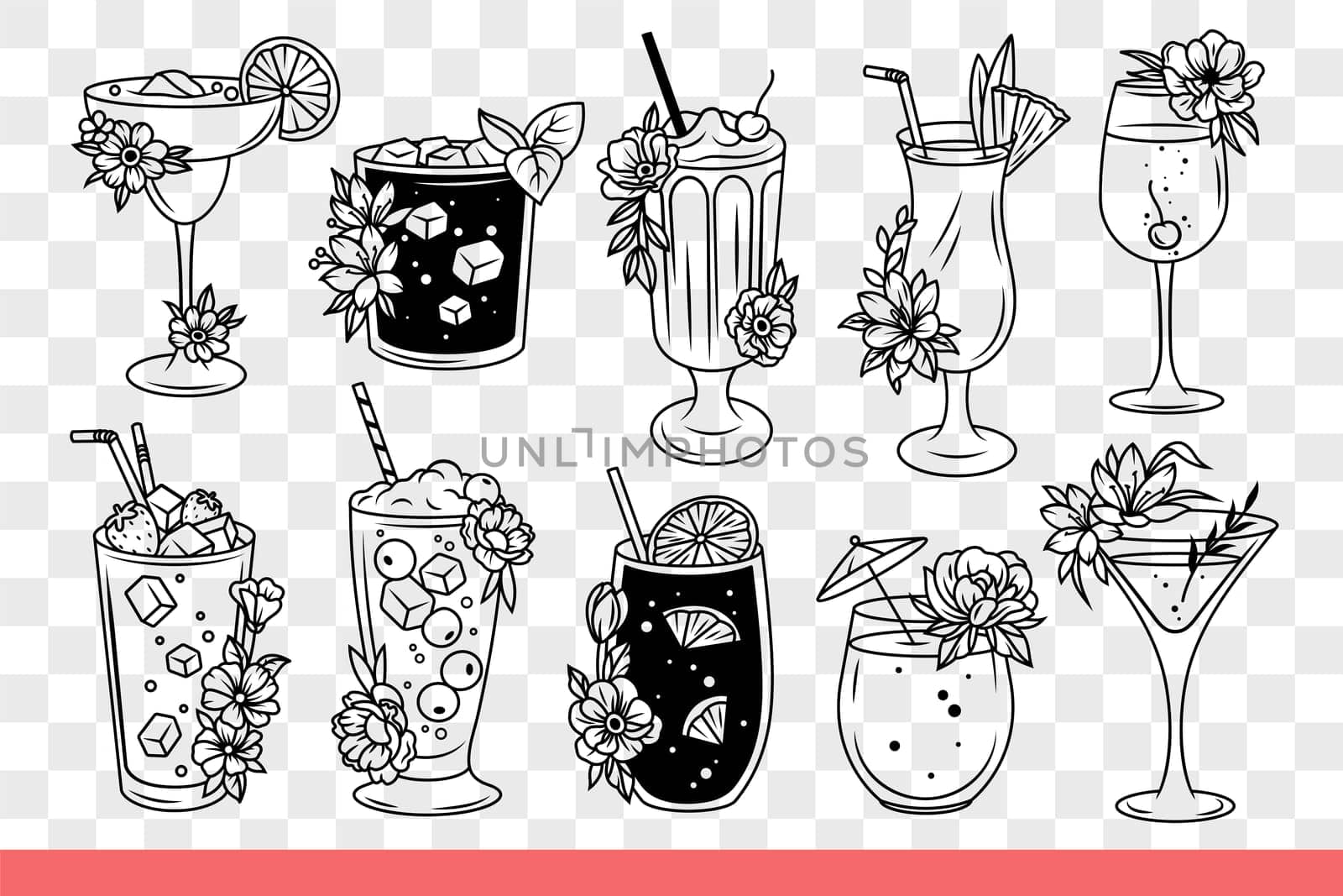 Cold cocktails with ice in different glasses from nightclub or beach bar for tourists. Glasses with delicious cocktail are decorated with ice and slices of fruit or mint leaves. Hand drawn doodle