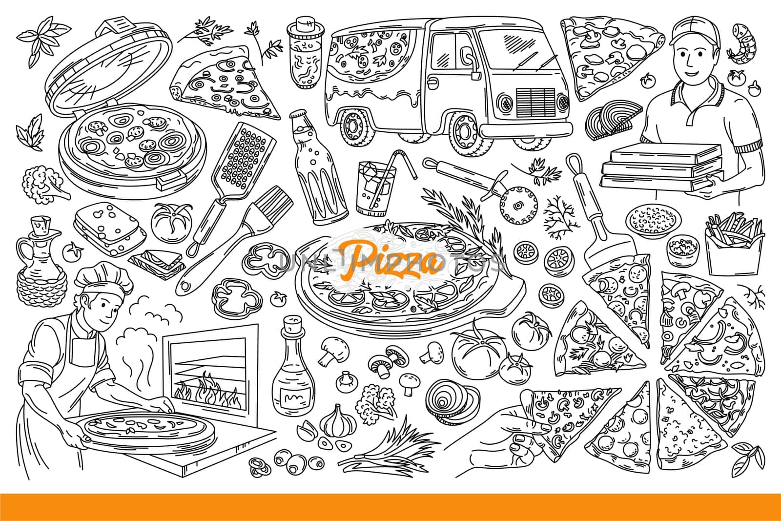Pizza in process of preparation and delivery, near chef and ingredients for recipe. Male courier holds boxes of pizza in hands or bakes dough in stone oven with fire. Hand drawn doodle