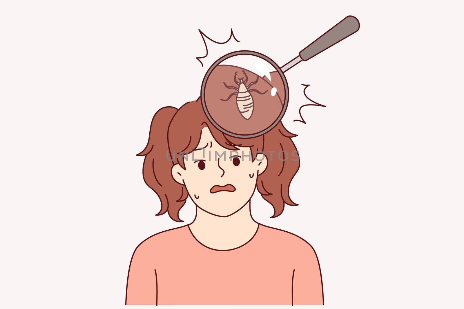Lice and parasites live in hair of little girl who needs medicated shampoo or visit to special hairdresser. Upset child suffers from pediculosis due to lice that laid eggs inside unwashed hairstyle
