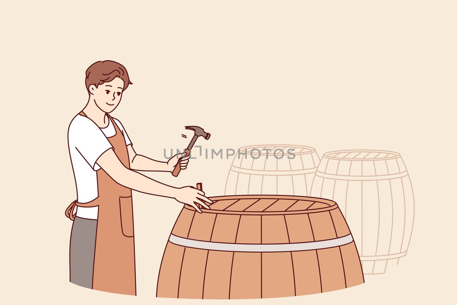 Man winemaker opens barrel with finished drink to taste bordeaux made from organic grapes. Guy is standing in wine cellar, hammering barrel of sherdane to infuse and impart unique smell to wine.