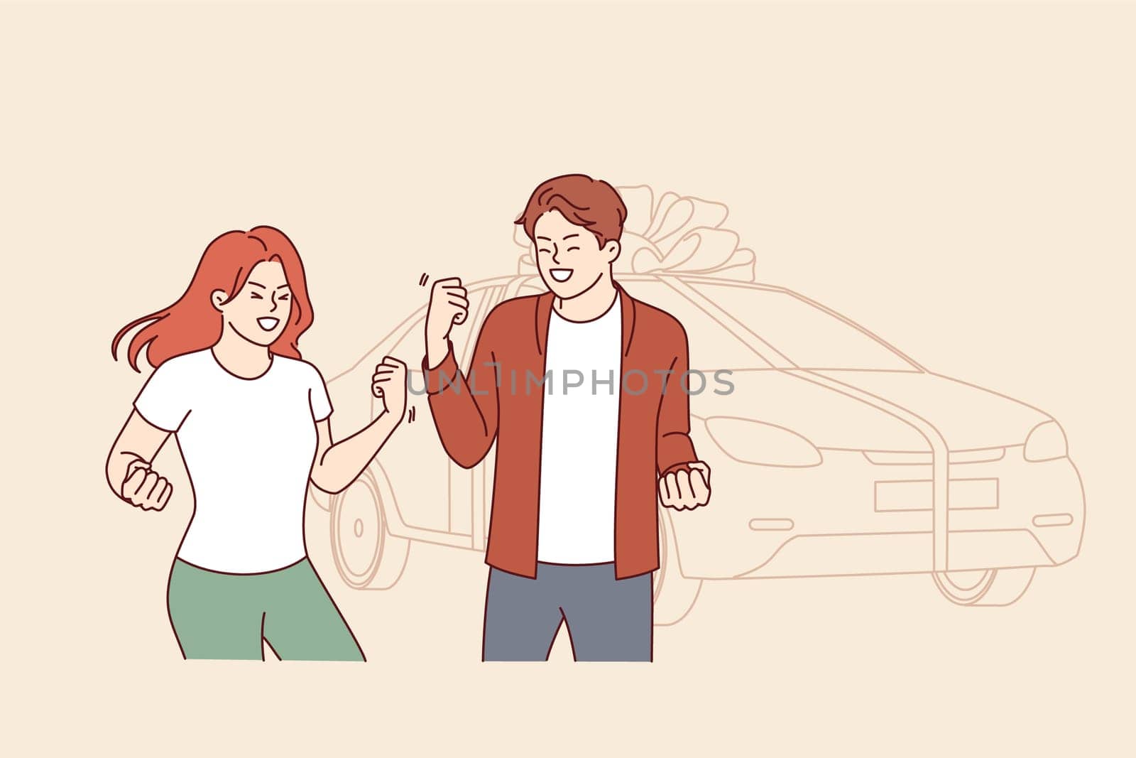 Gift car tied with large bonus stands near overjoyed couple who won automobile in lottery. Inspired man and woman celebrating receiving gift car for convenient trips to work or travel