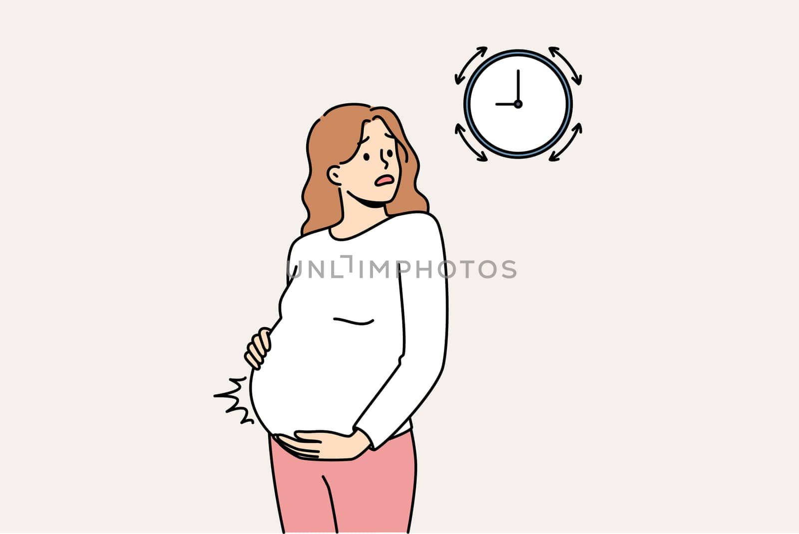 Pregnant woman measures contractions and looks at watch, waiting for ambulance to arrive from maternity hospital. Girl tracks intervals between contractions while waiting for labor to begin.