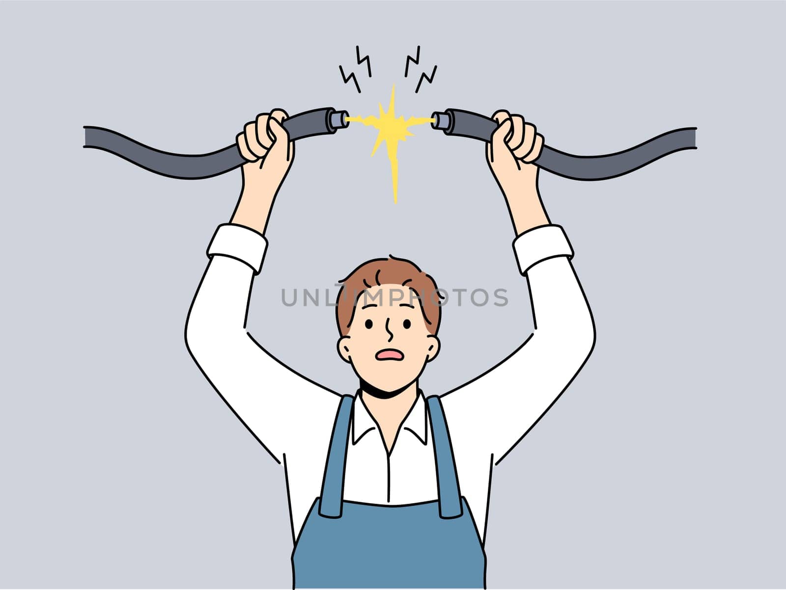 Man electrician connects high-voltage wire to electrify building, risking electric shock due to safety violation. Master electrician works taking care of continuous supply of electricity to people