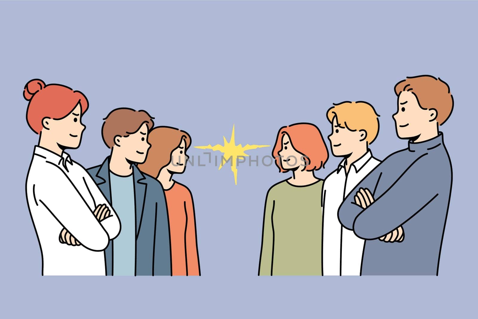 Groups of competing office workers look at each other demonstrating courage and readiness to fight. Competing business men and women seeking to demonstrate superiority over colleagues