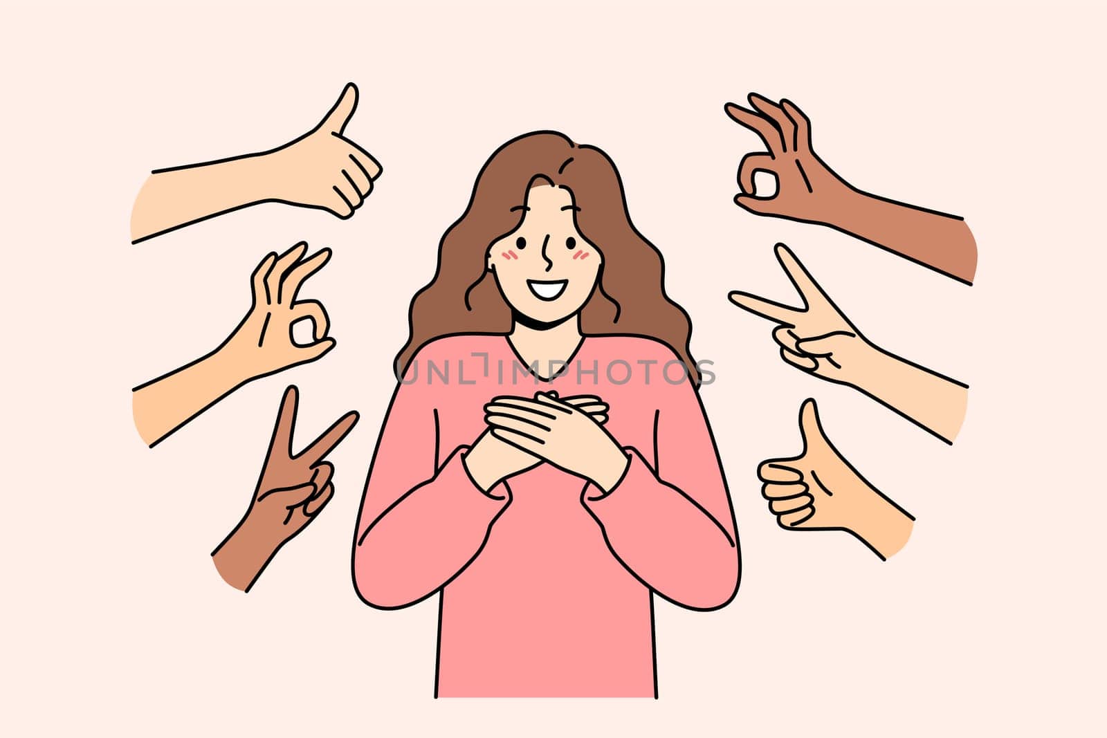 Public approval for happy woman standing among positive OK and thumbs up gestures. People support blogger girlfriend by showing approval and honest feedback or agreement with idol opinion