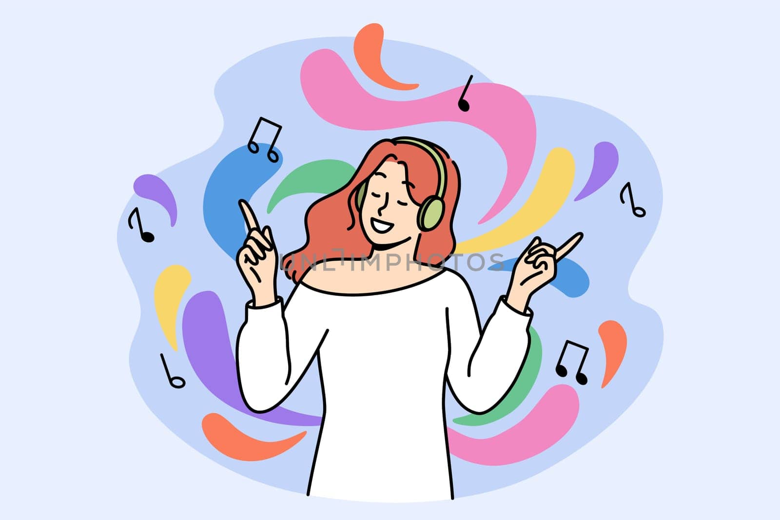Happy woman music lover listens to music on headphones and energetically waves hands enjoying melody she likes. Teen girl uses wireless technologies and ability to dance to tracks of favorite singers