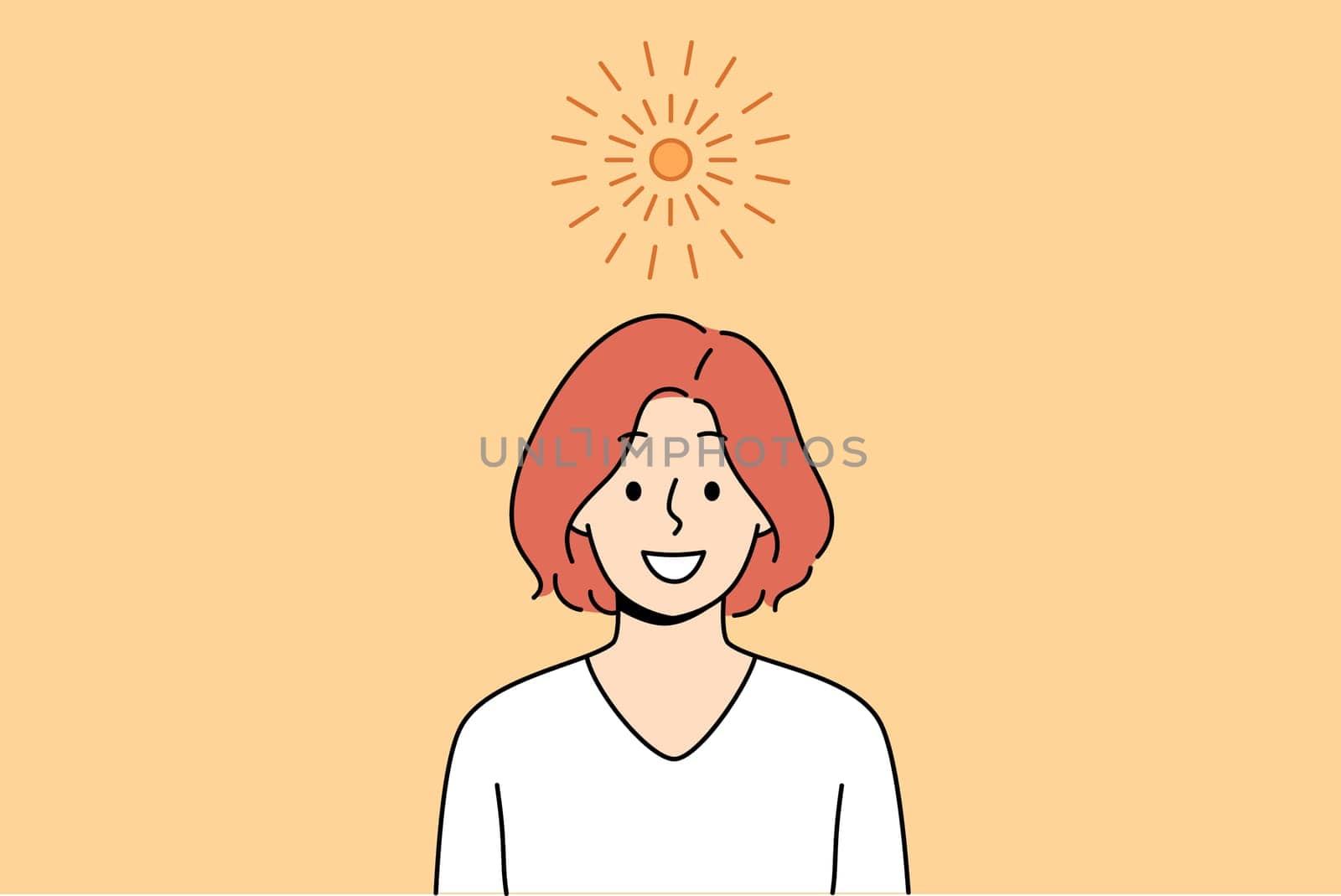Bright sun over woman enjoying good weather and onset of summer season after winter. Girl in casual t-shirt smiles and looks at screen, standing under small sun, symbolizing emergence idea in head