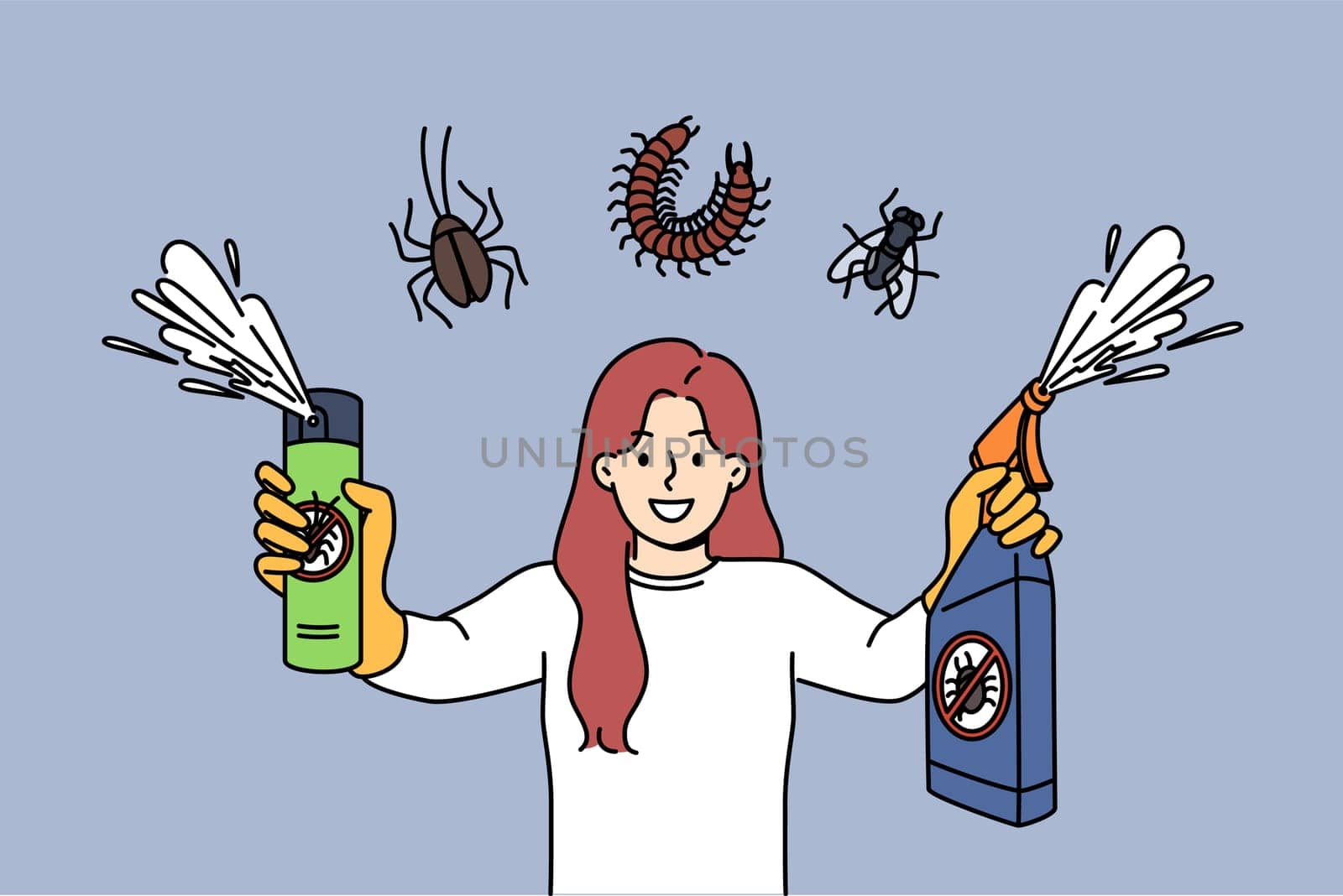 Using insecticide spray to control pests, woman holding two bottles of bug poison with smile. Insecticides against insects and pests that destroy plants in garden or impair crop growth