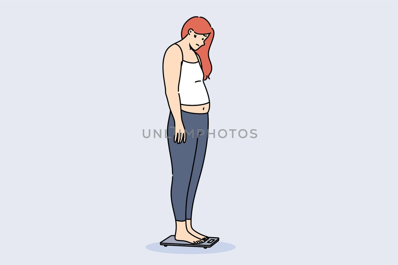 Problem of obesity and weight gain about depressed woman standing on electronic floor scale. Girl became obese due to poor diet or problems with metabolism that prevented absorption of foods.