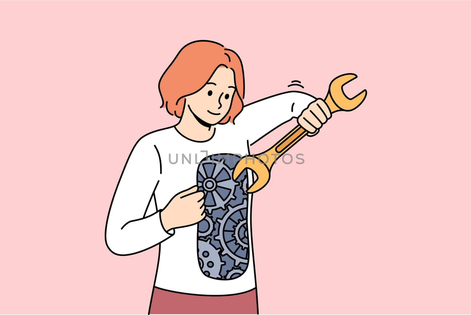 Woman independently restores mental health by repairing mechanism inside herself. Girl independently strives for progress, using wrench to improve gears that form positive personal qualities