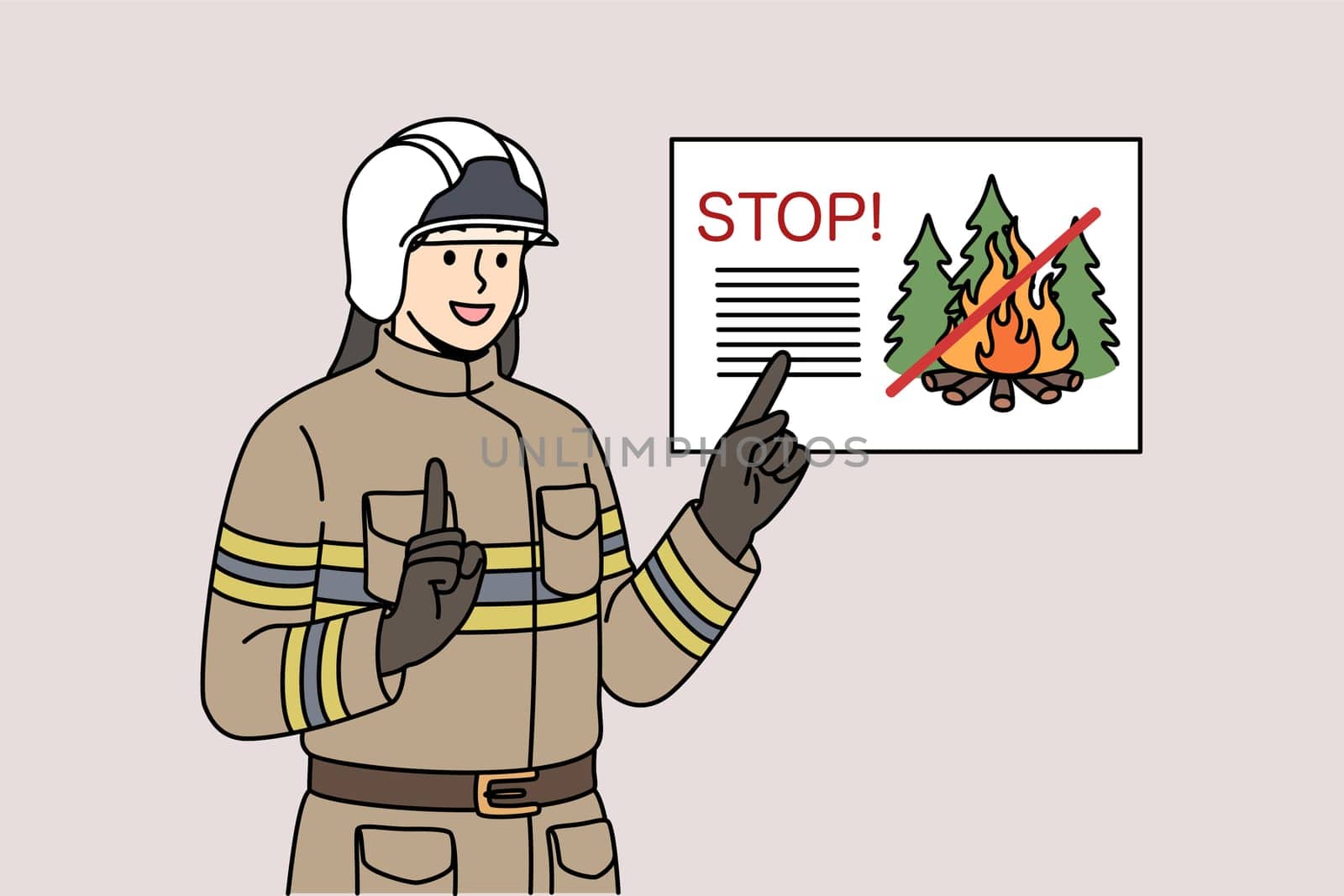 Man firefighter reminds of ban on lighting fires in forest, standing in work uniform and helmet. Professional firefighter smiles agitating not to start fires in parks while walking.