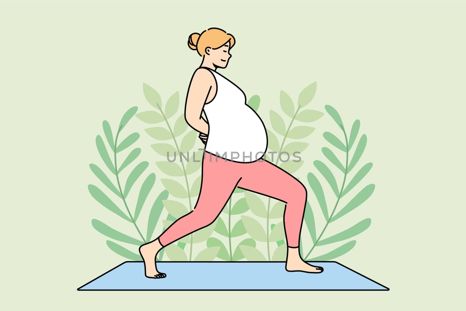 Pregnant woman does yoga on fitness mat, taking care of health of herself and unborn child. Pregnant girl is preparing to become mother by practicing yoga and pilates to support immune system.