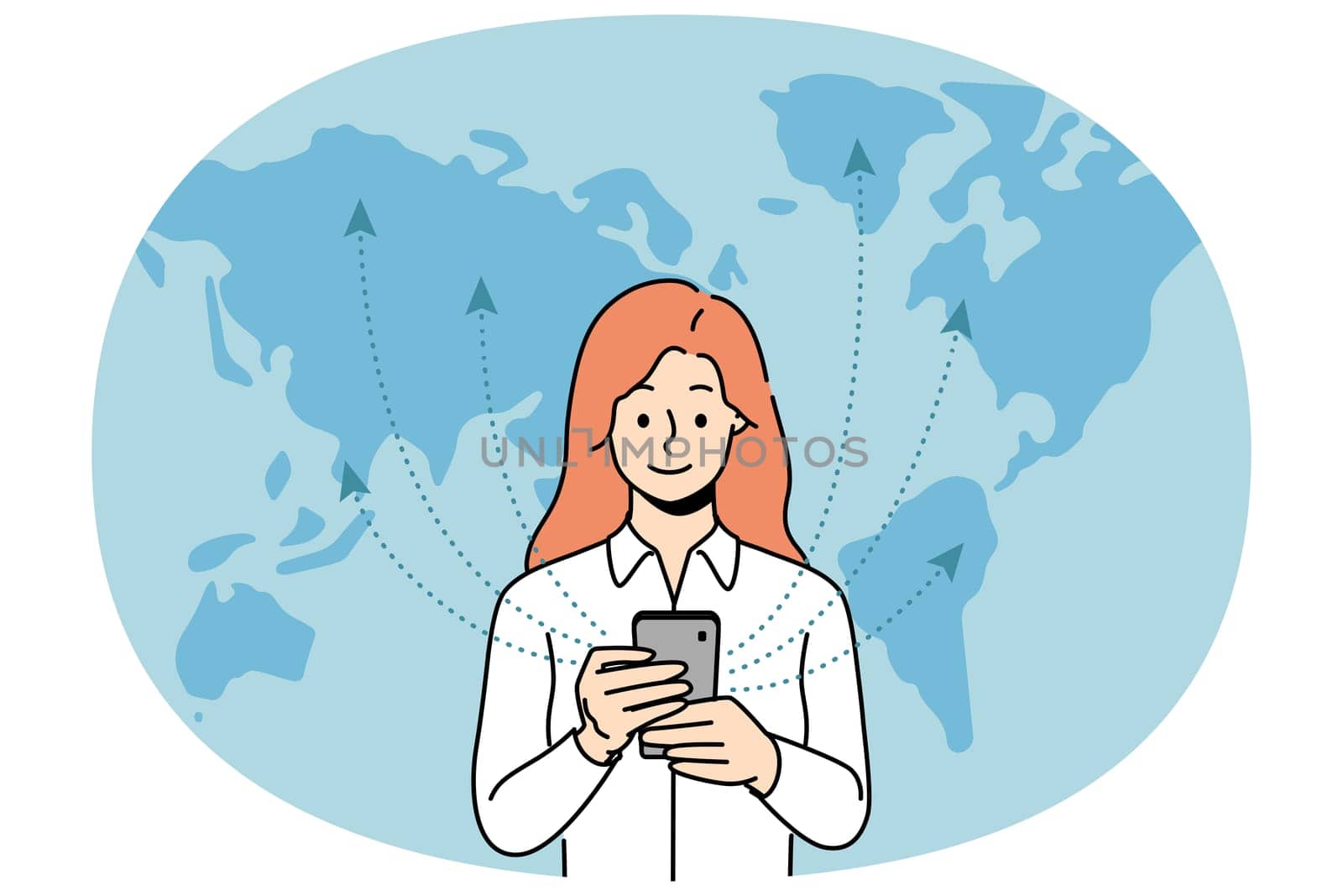 Woman with phone uses 5G technology standing near world map and exchanging information with international servers. Girl with smartphone is addicted to surfing net thanks to fast 5G connection
