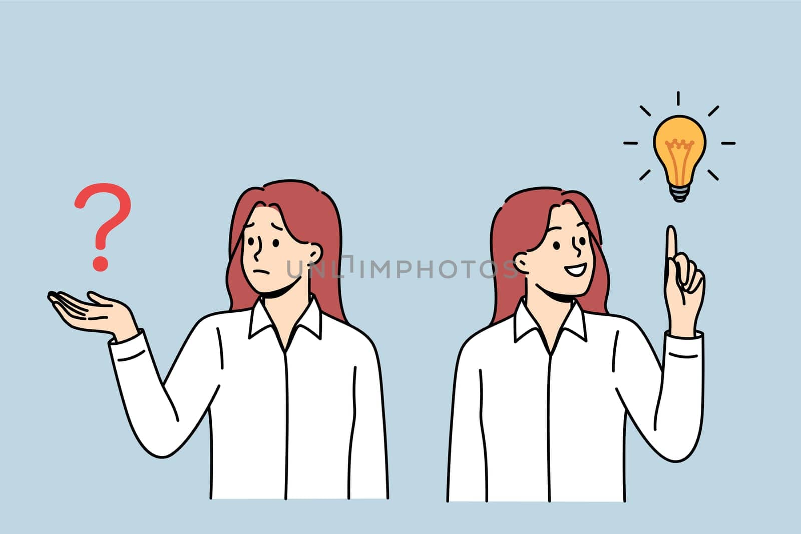 Business woman comes up with idea after problem arises and rejoices at finding answer to question. Upset manager, who learned about presence of trouble, rejoices having come up with brilliant idea