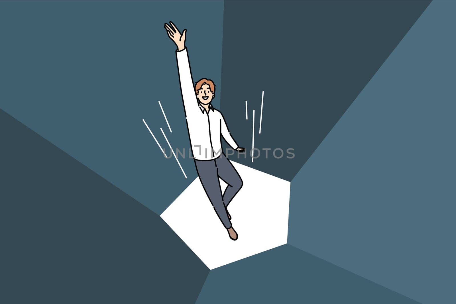 Business man jumps getting out of trap and achieving goal in career growth, flying in superhero pose. Guy successful manager in business demonstrates ambition and willingness to deal with problems