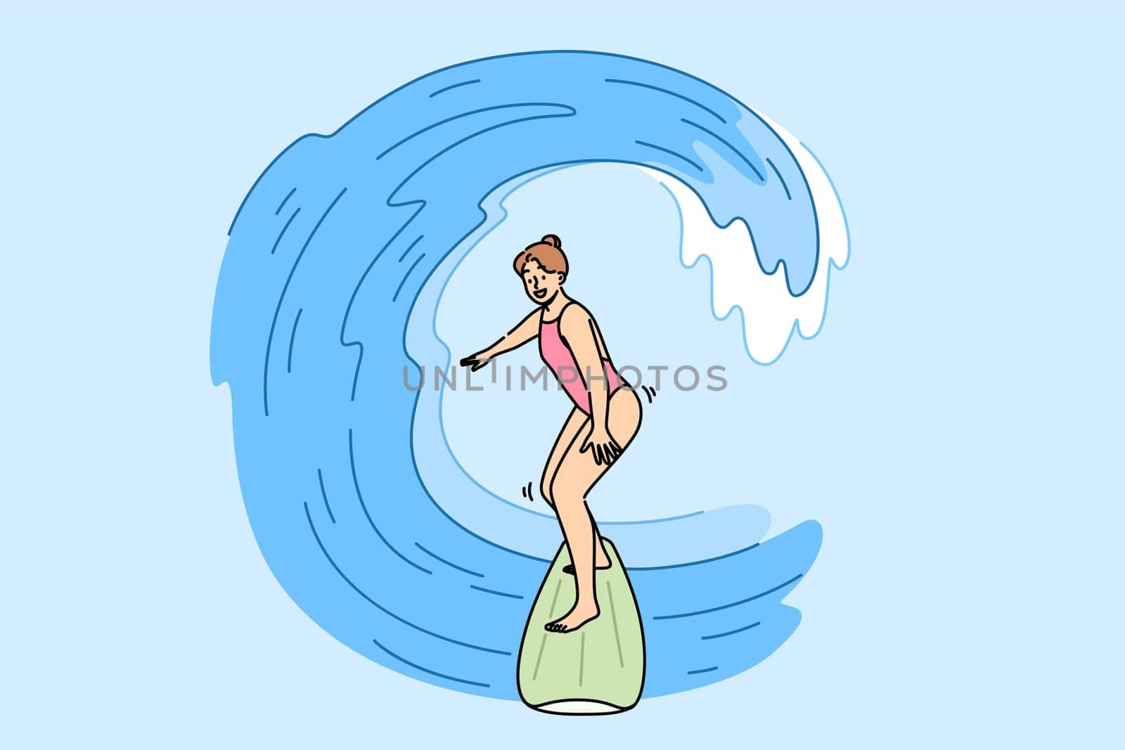 Woman surfer rides waves on surfboard, enjoying active summer holiday at seaside resort. Girl surfer does extreme sports during vacation, wanting to get adrenaline rush from surfing.