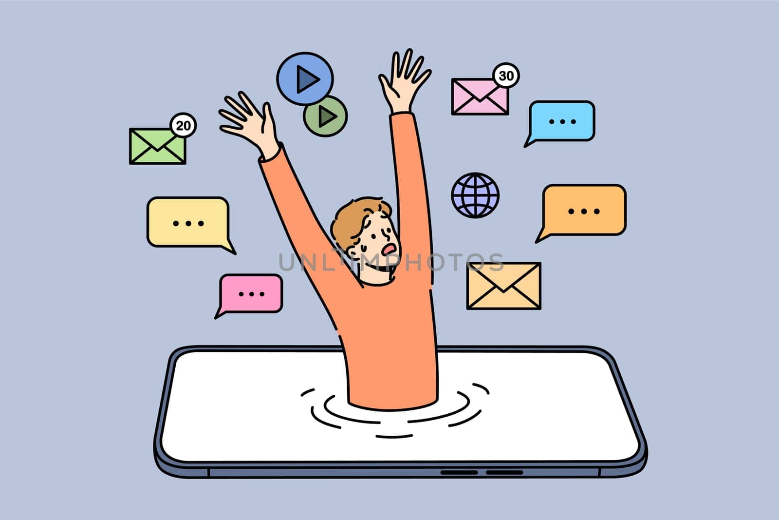Man with digital addiction has become slave to mobile phone, and is drowning in gadget display. Concept of problems caused by digital addiction and surfing too long in smartphone applications