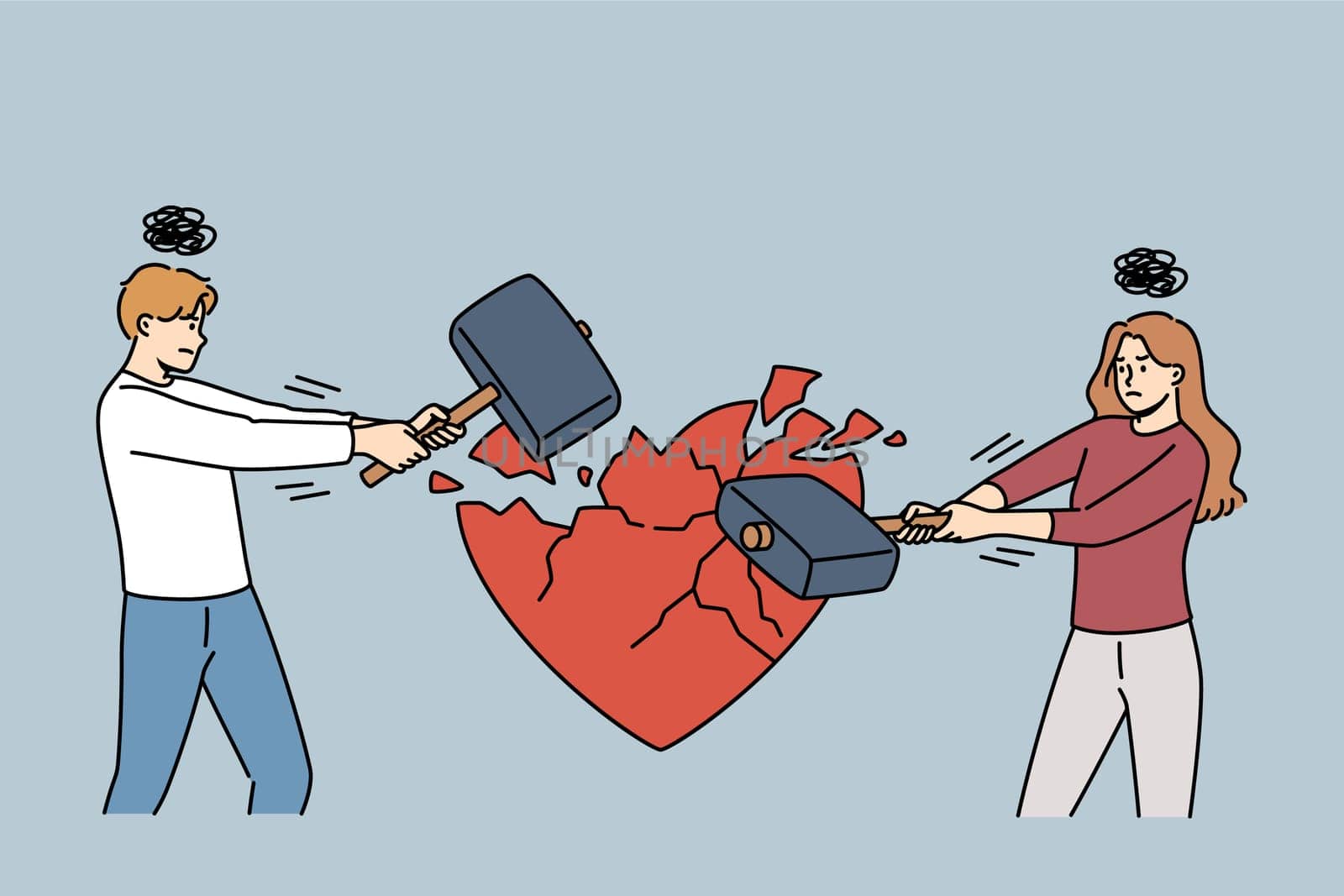 Divorce of married couple due to lack of love between spouses, breaking heart with hammer. Divorce of young family who became victims of unjustified expectations and problems destroying relationships