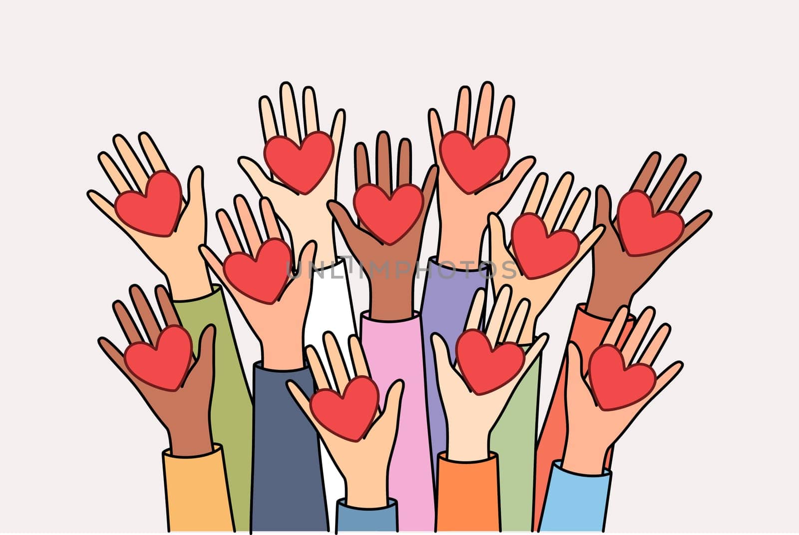 People from charitable foundation hold hearts symbolizing unity in fight for sustainable future for planet. Concept of importance of charity and mercy to help those in need of protection
