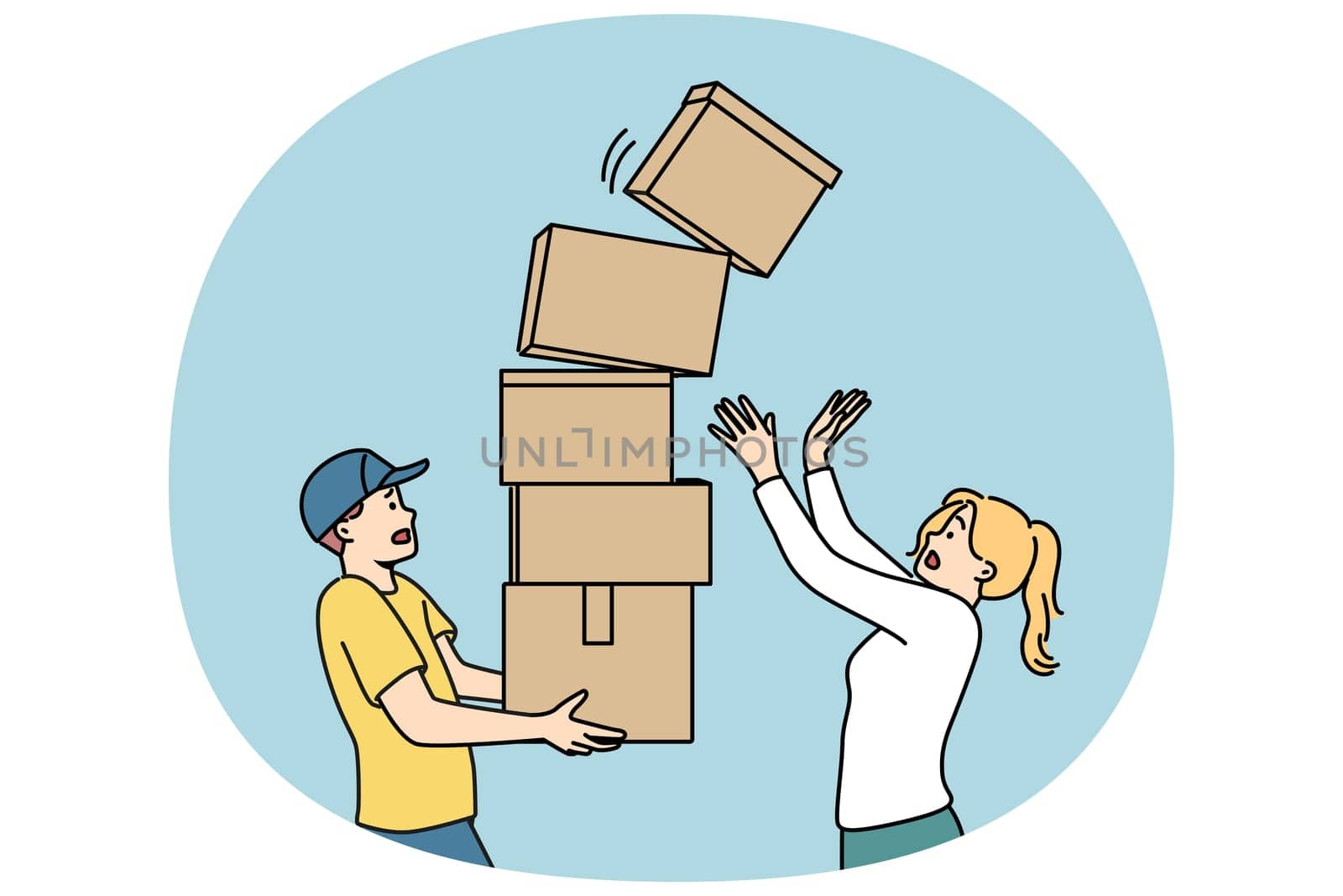 Man courier carries stack of boxes and drops one of parcels standing near woman recipient of order. Clumsy courier risks spoiling goods during delivery due to lack of professionalism