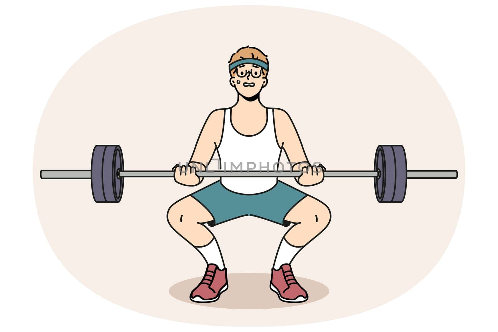 Man with barbell goes in for sports in gym, wanting to have beautiful figure and healthy body. Guy novice bodybuilder squats with barbell in hands and needs help of fitness trainer.