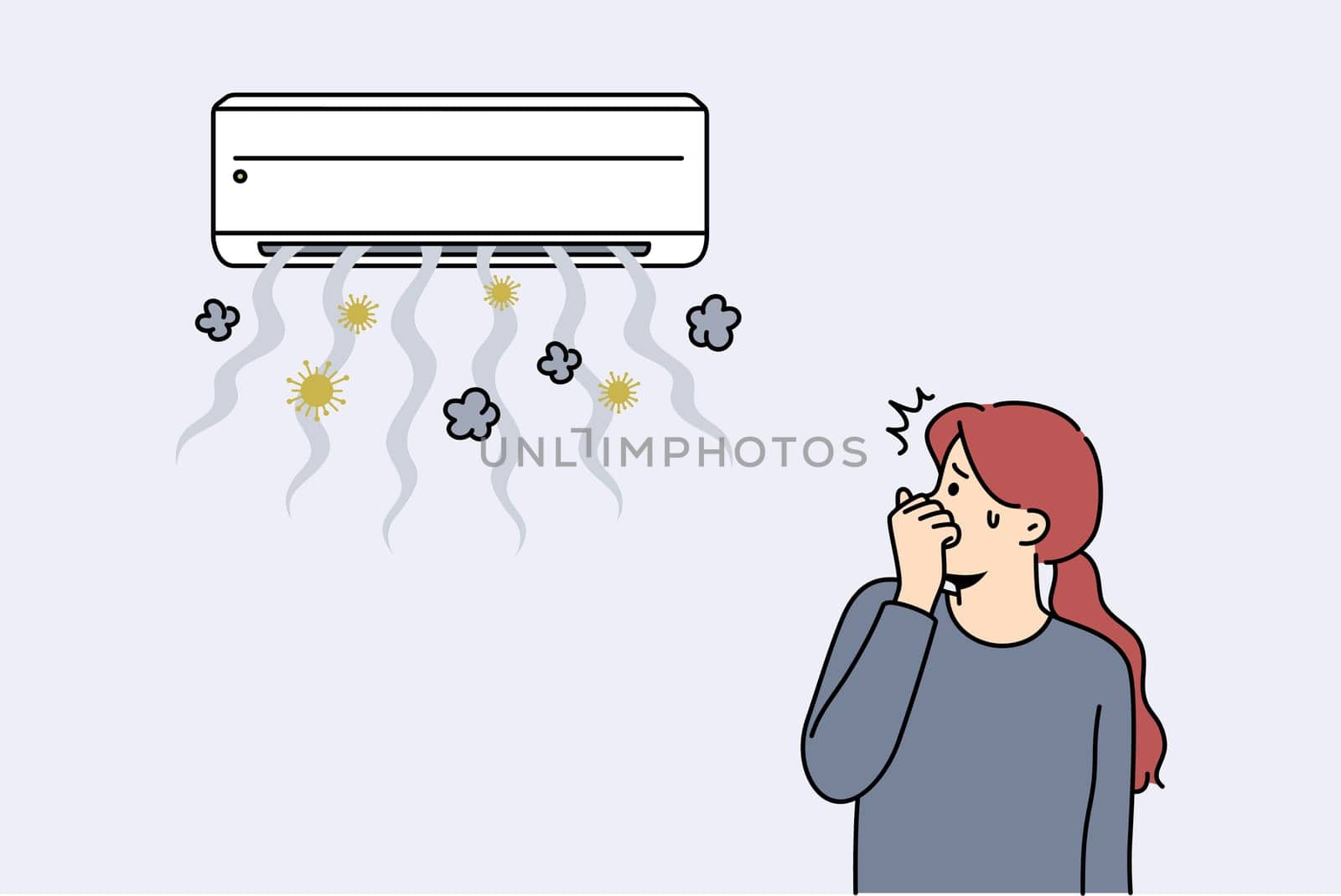 Broken air conditioner causes stench and spread of germs in apartment with girl covering nose. Problem with air conditioner or split system that contributes to appearance of bacteria