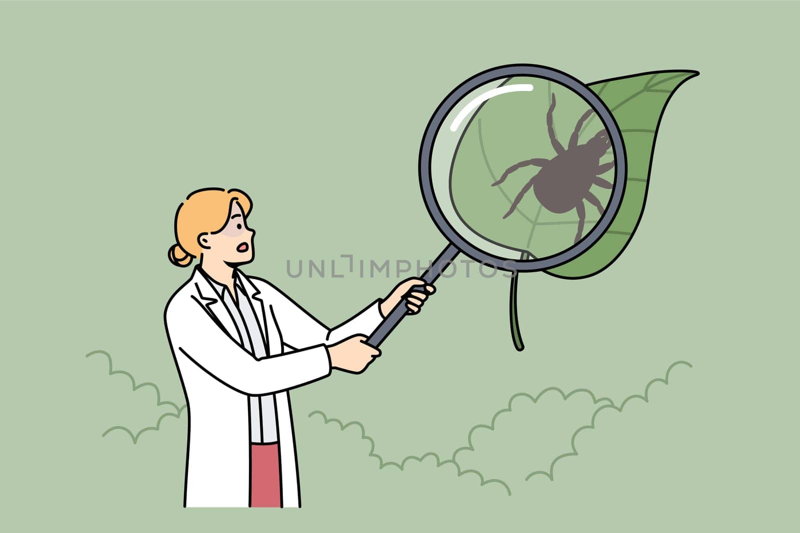 Woman scientist studies encephalitic ticks, walking through park with magnifying glass looking for parasites. Researcher explores encephalitic mites to find antidote to blood-sucking insect