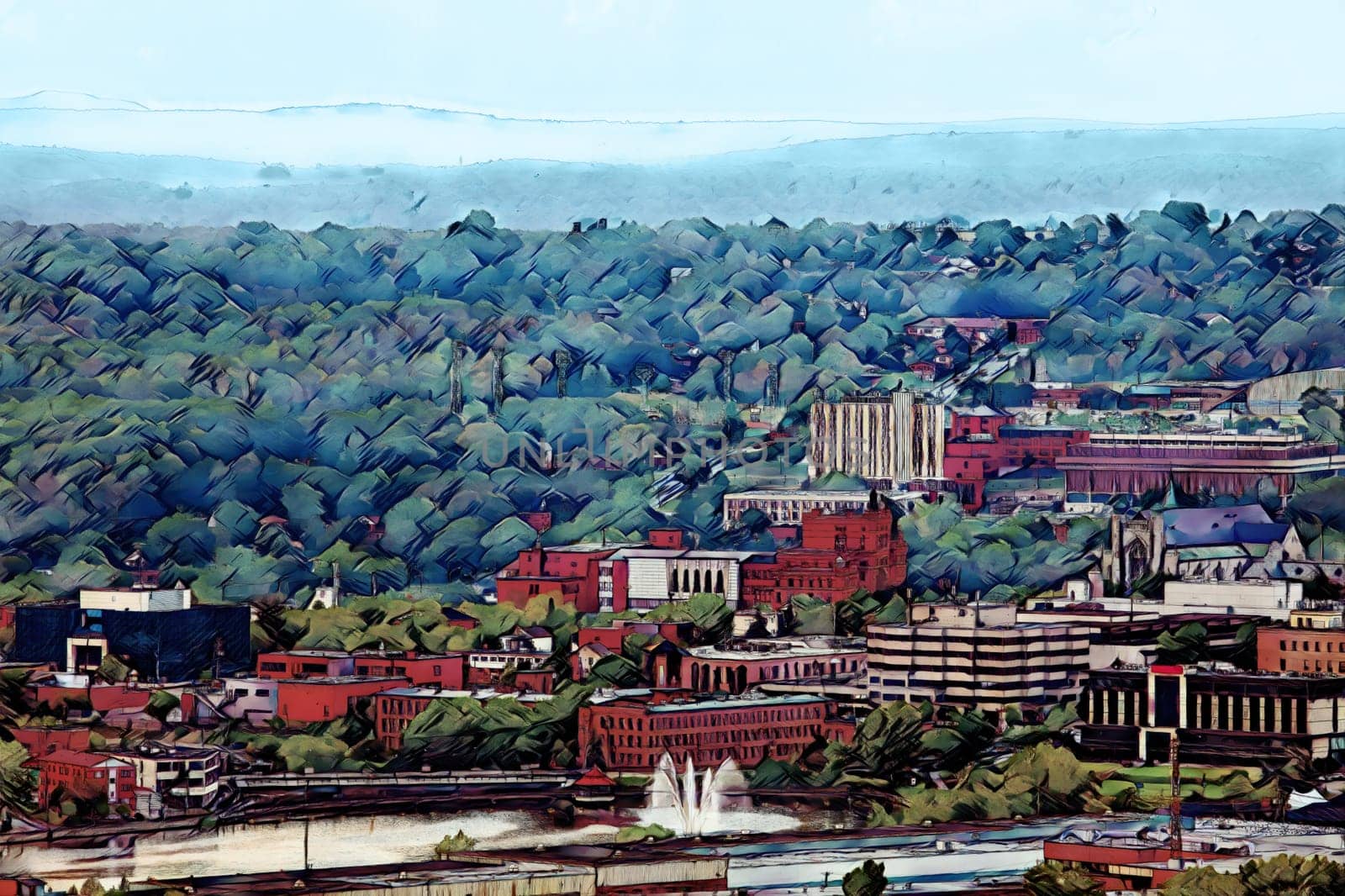 Sherbrooke painting downtown landscape small city in Quebec, Canada, Estrie digital illustration