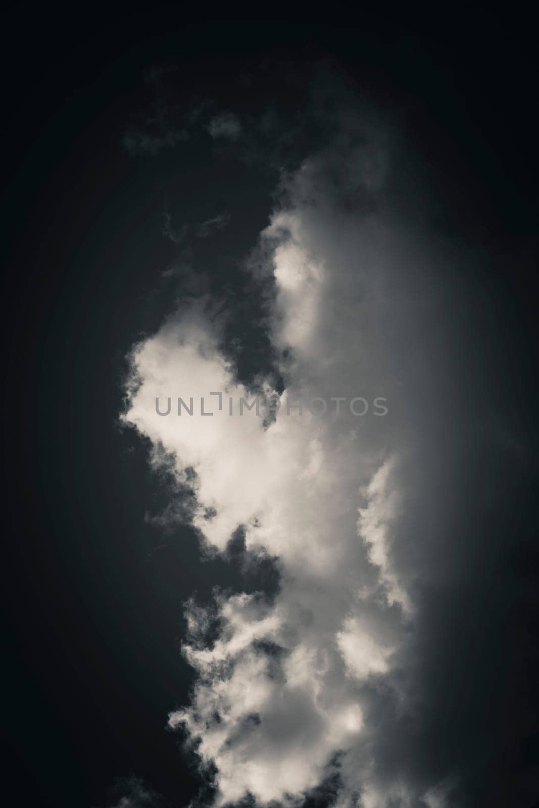 Close-up view of clouds in the sky, with sunlight creating contrasts that give depth and texture to the cumulus clouds, often associated with development into storm clouds.