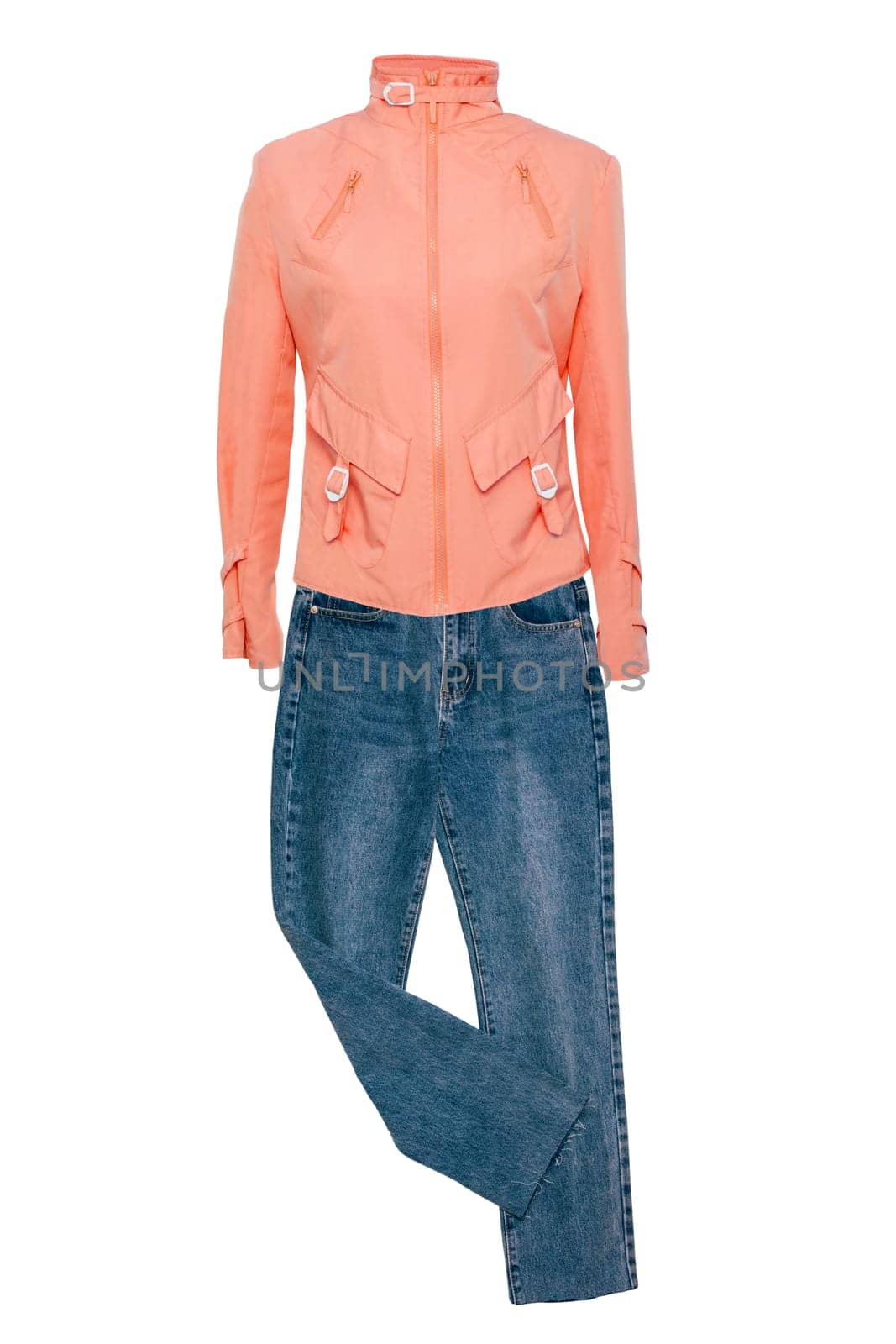 Casual blue denim trousers with orange-colored long-sleeved elegant jacket isolated on a white background. Trendy denim fashion.