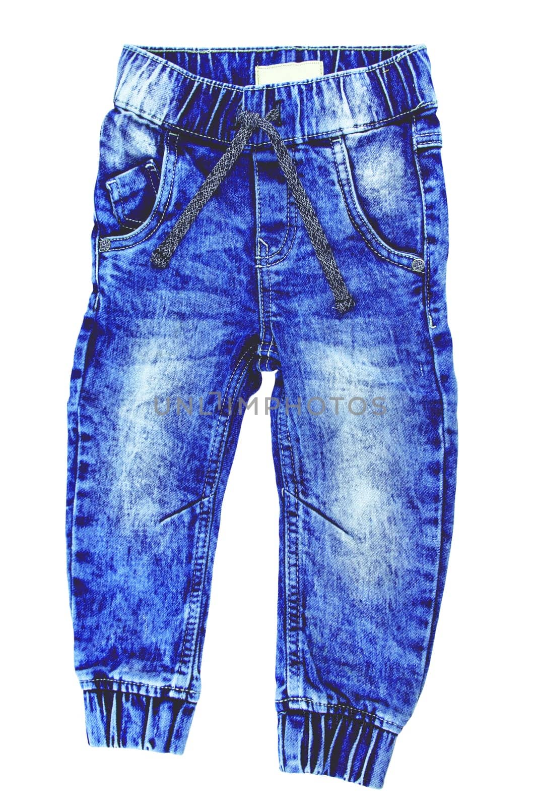 Jeans isolated. Trendy stylish blue denim pants or trousers for child boy isolated on a white background. Clipping path. Jeans winter and autumn fashion.