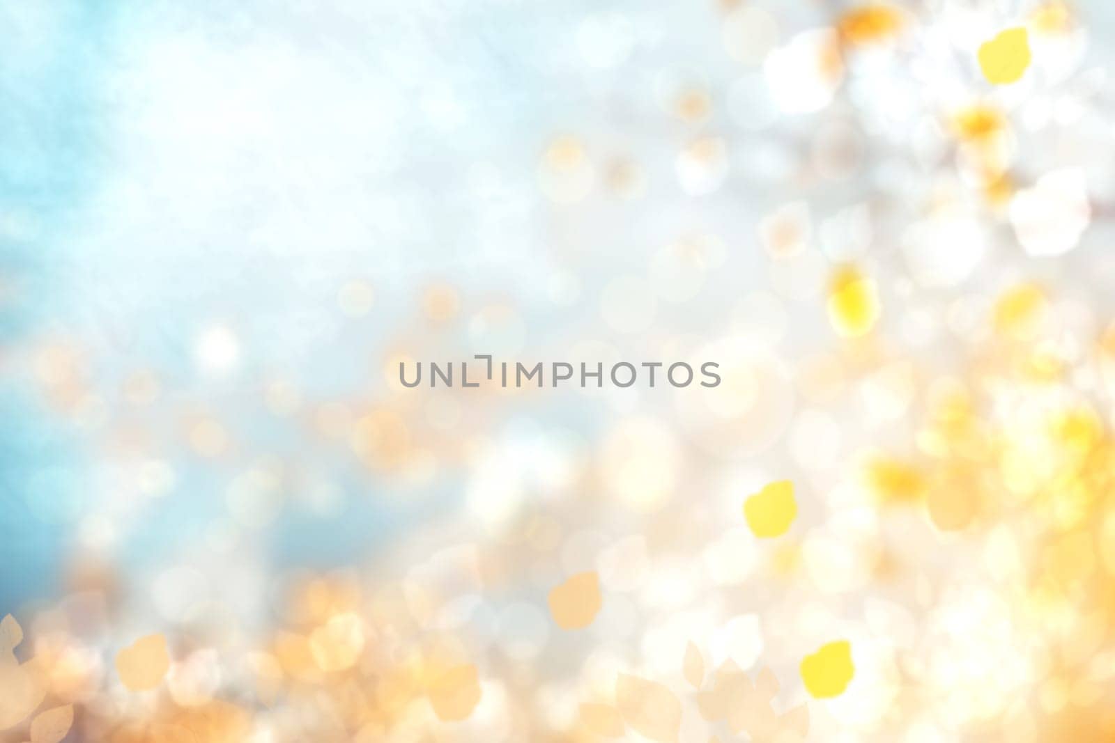 Abstract gradient light blue turquoise yellow shiny blurred background texture with circular bokeh lights. Beautiful backdrop. Space for design.