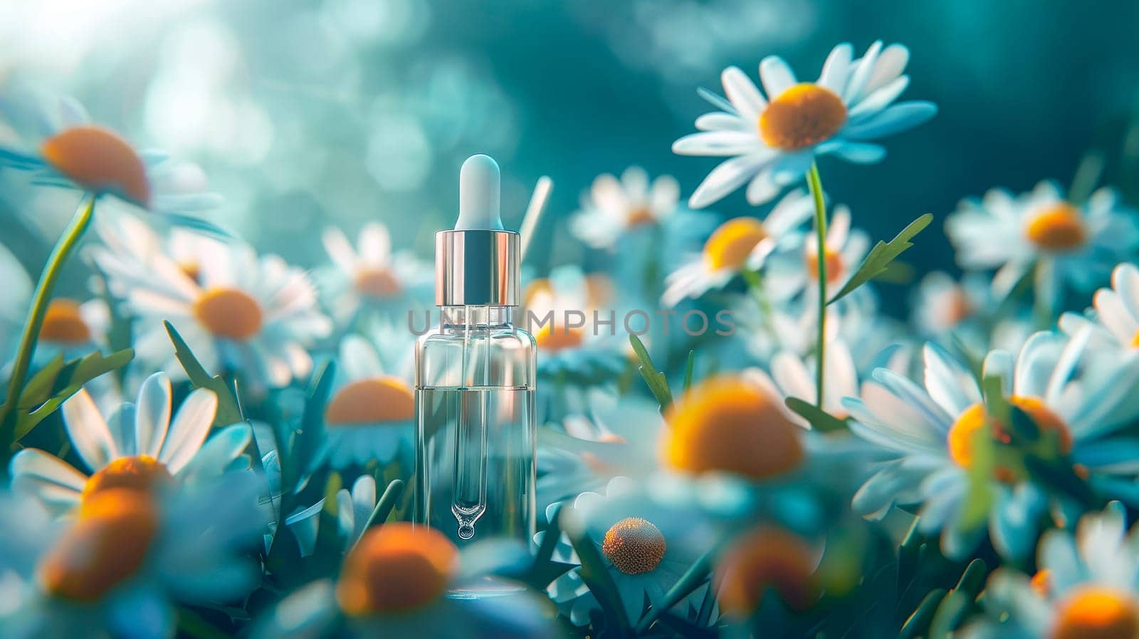 Chamomile oil in a glass bottle on a summer meadow. AI generated