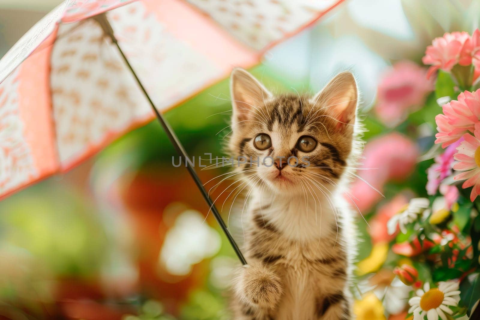 A cute kitten under umbrella in the summer garden. AI generated