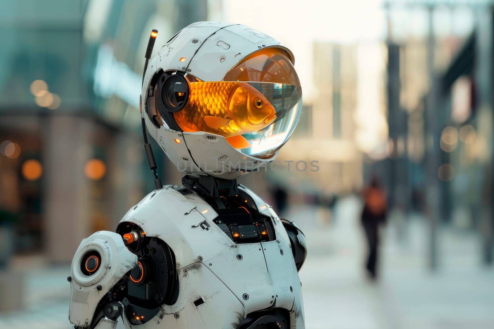 White robot with a water bowl with golden fish instead of a head. AI generated