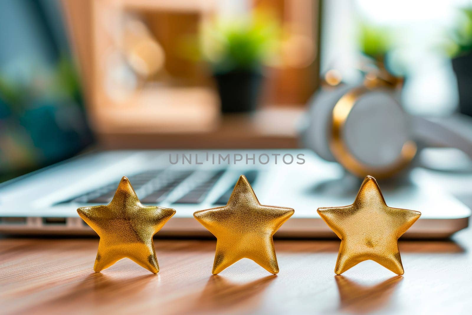 Three golden stars of feedback in front of laptop computer on the desk. AI generated