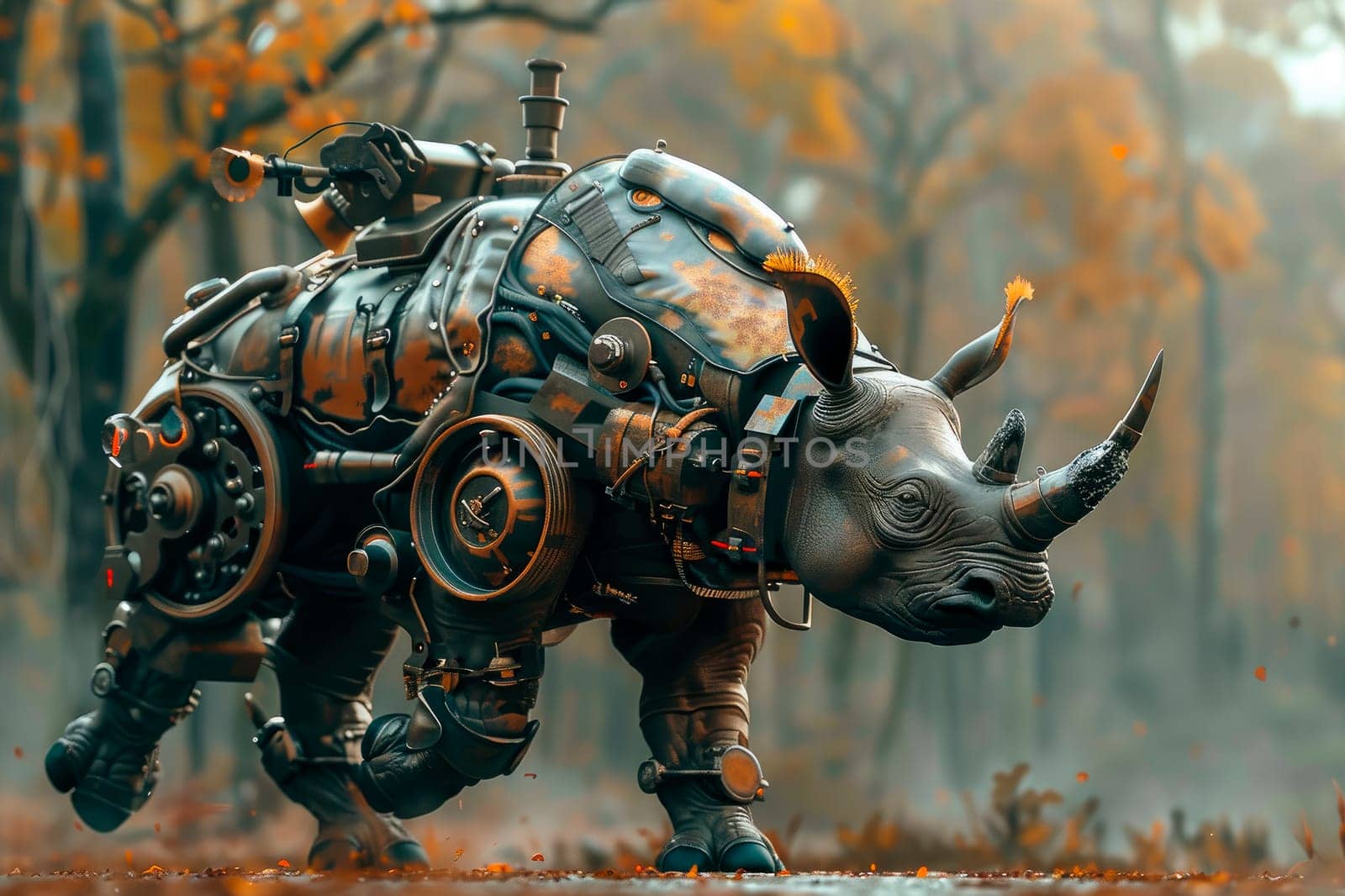 Steampunk metallic hippo running machine of the future. AI generated
