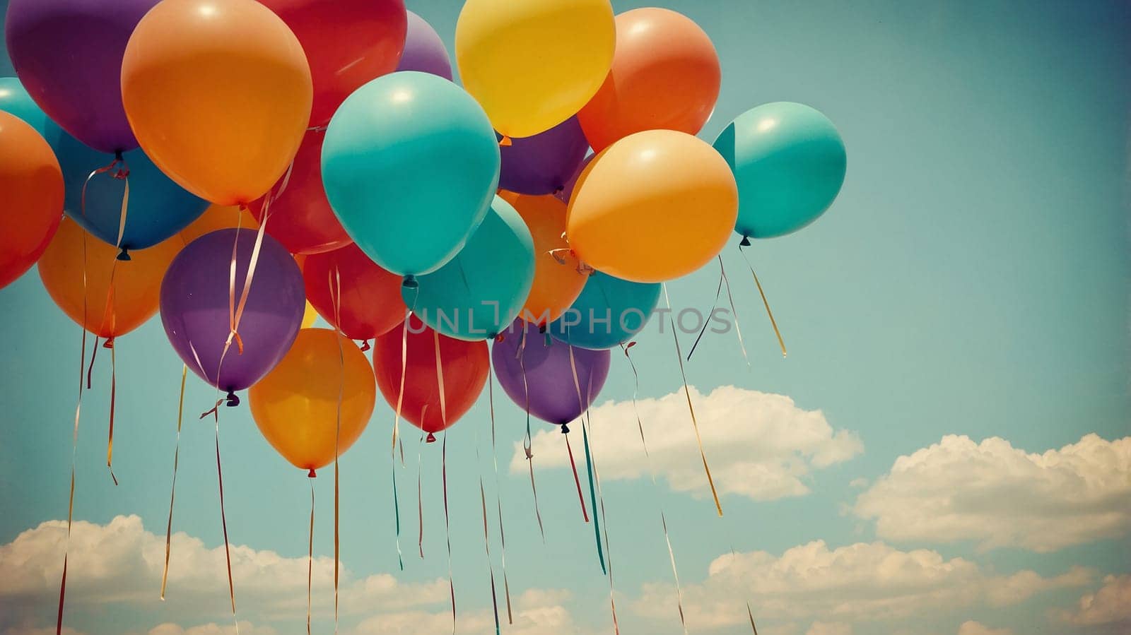 The image captures a vibrant collection of balloons in various colors, tied to strings, floating buoyantly against a clear blue sky dotted with white clouds, evoking feelings of joy, celebration, and freedom.