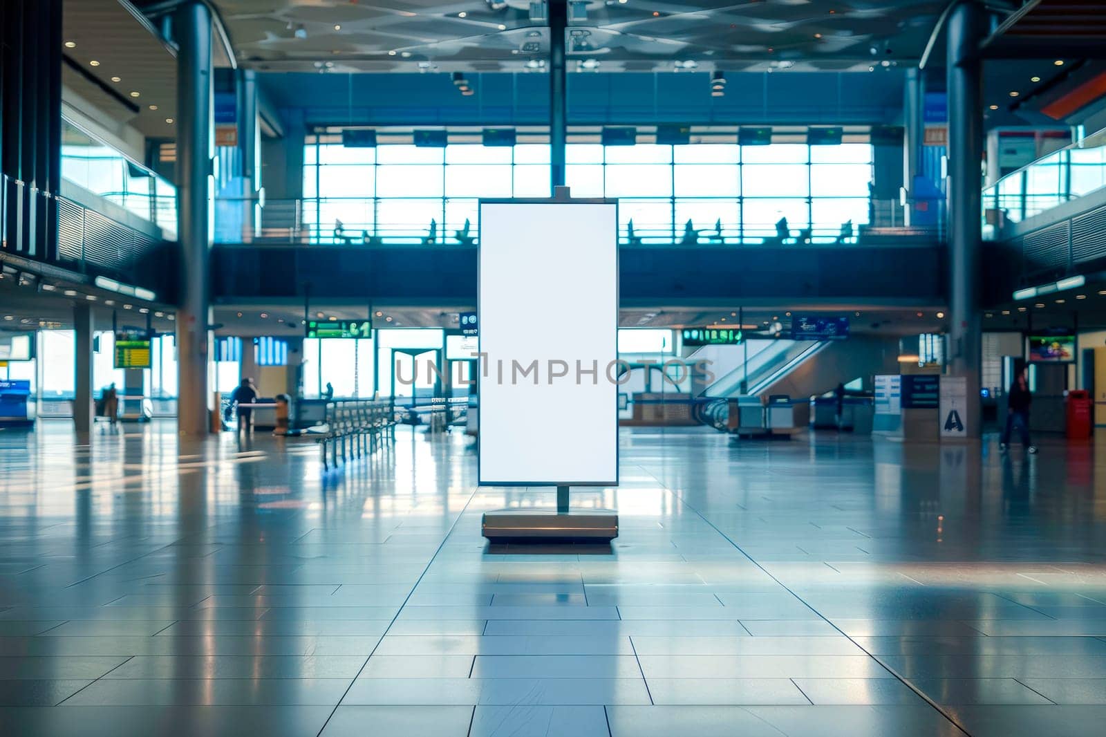 A blank vertical billboard stands in empty airport hall, copy space for advertising content. AI generated