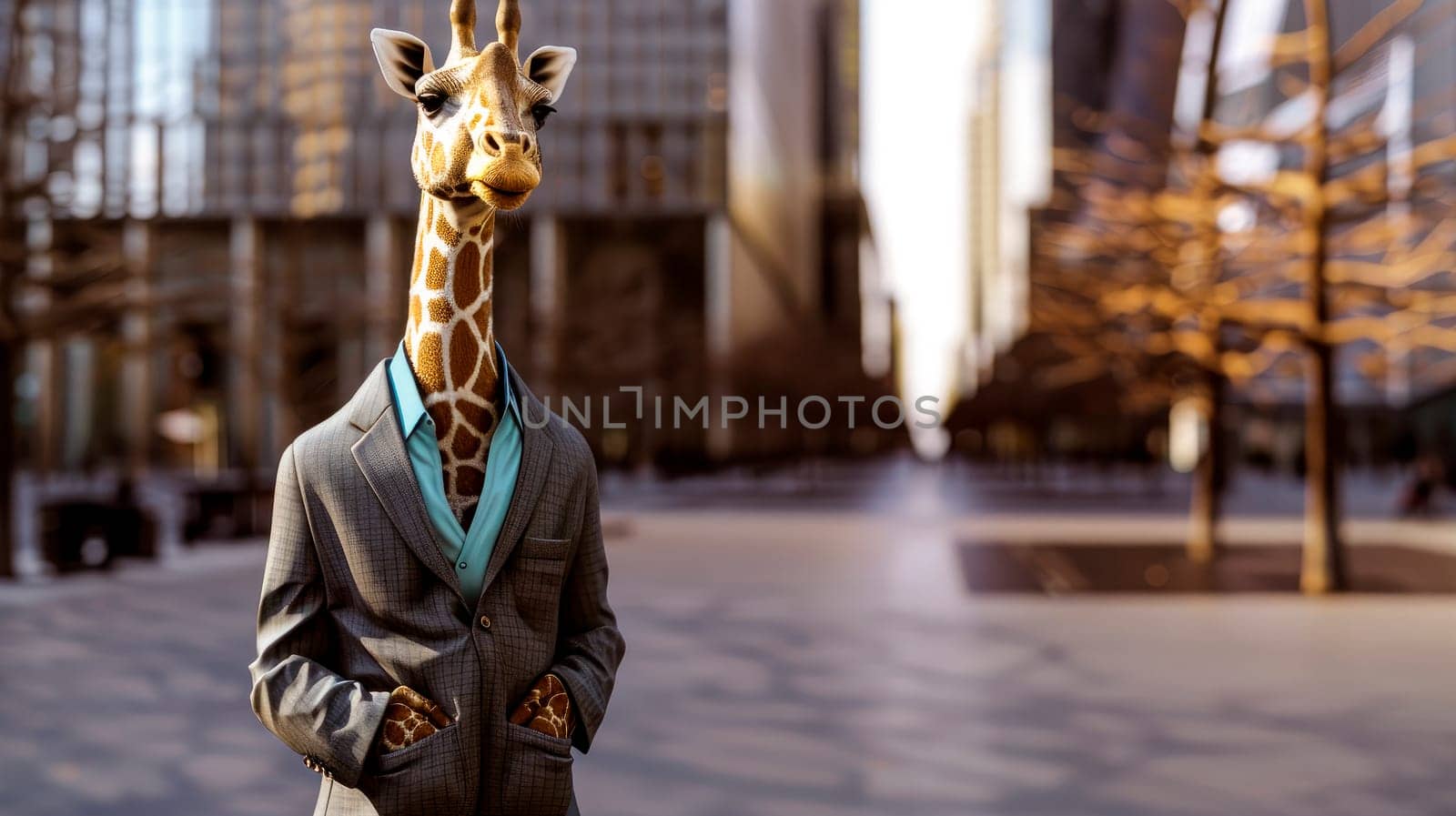 A giraffe wearing a  suit, holding his hands in a pockets and standing on square of business center. AI generated