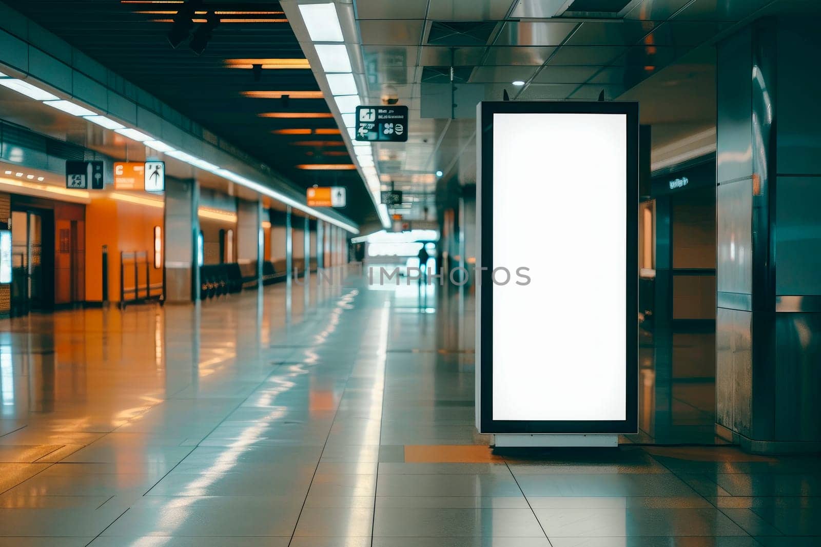 A blank vertical billboard stands in empty airport hall, copy space for advertising content. AI generated