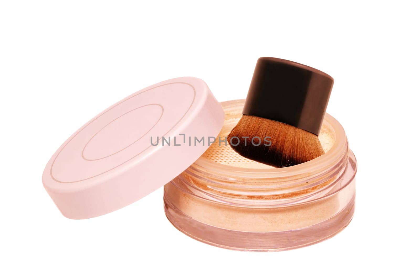 Face powder isolated. Closeup of translucent loose powder for face in a open jar with brush isolated on white background. Concept beauty. Clipping path.