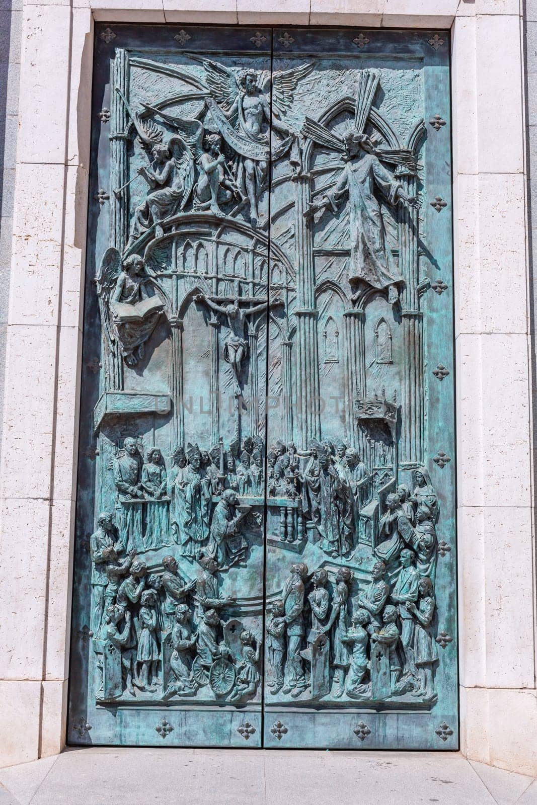 Madrid, Spain: April 24, 2024: Door detail of the Almudena Cathedral in Madrid, Spain