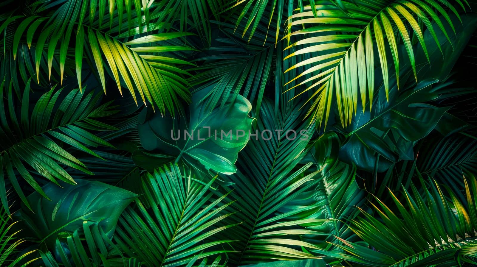 Closeup tropical green leaves texture. Background or green leafy tropical forest patterns for creative design elements. AI generated